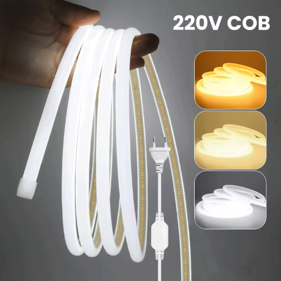 Picture of 220V Cob LED Strip with Plug Connector 3000K 4000K 6500K Waterproof Tape Warm/Natural/Cold White