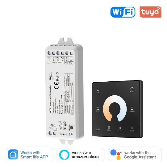 Picture of WT1 Tuya WiFi 2CH LED Controller Single Color/CCT Strip Light 2in1 DC12-36V 2.4G Wireless Dimmer Alexa Touch Panel Controller TW1