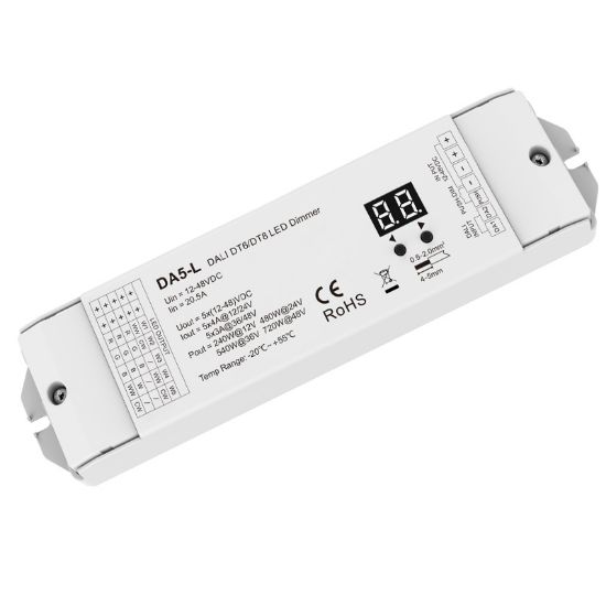 Picture of DALI DT6/DT8 LED Dimmer DA5-L 12-48V 5 Channel Constant Voltage Led Controller for Single/Dual White/RGB/RGBW/ RGBCCT Strip Light